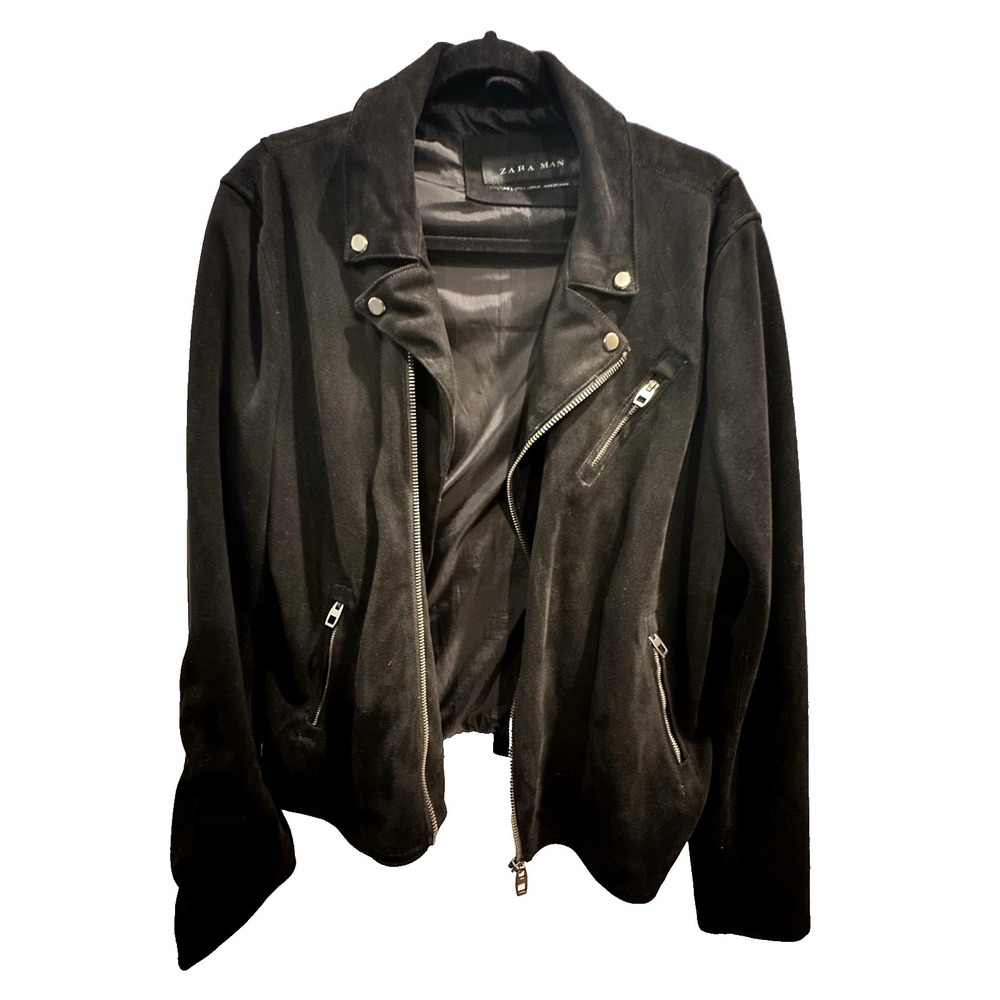 Zara Men's Black Faux Suede Moto Biker Motorcycle Jacket Size L Slim Fit Zip